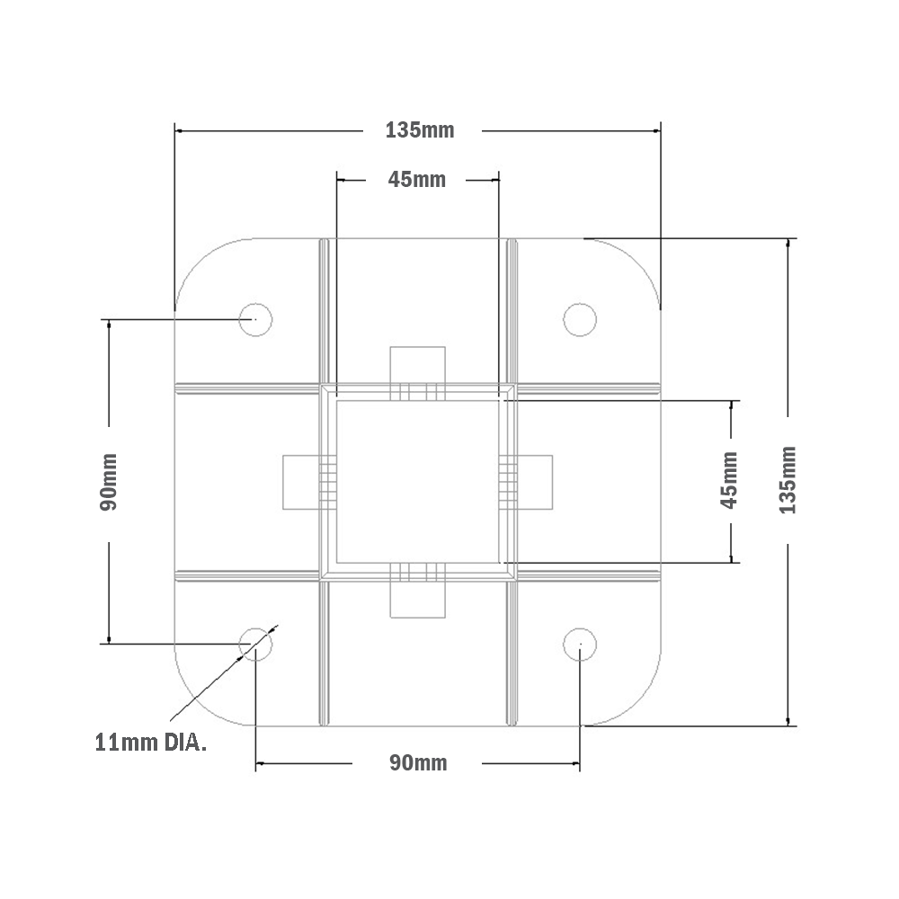 33-4545-1 MODULAR SOLUTIONS FOOT<br>45MM X 45MM (4) SIDED FOOT W/11MM FLOOR ANCHOR HOLES